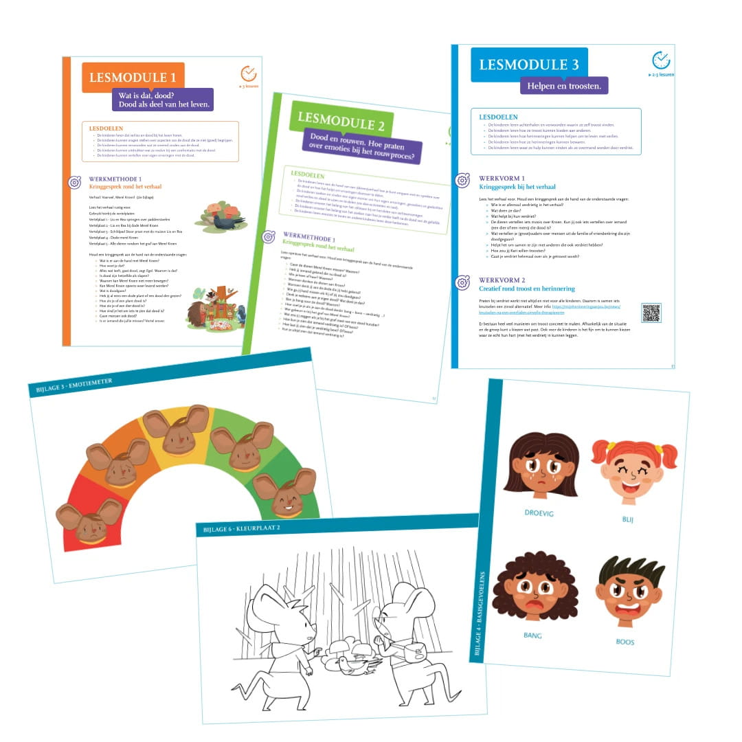 Overzicht van educatief materiaal met drie lesmodules over dood en rouw, een emotieschaal met illustraties van gezichten en een kleurplaat met getekende figuren in een bos.